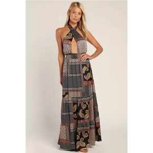 Lulus Trendy Travels Halter Maxi Dress Navy Blue Multi Patchwork Scarf Print  S